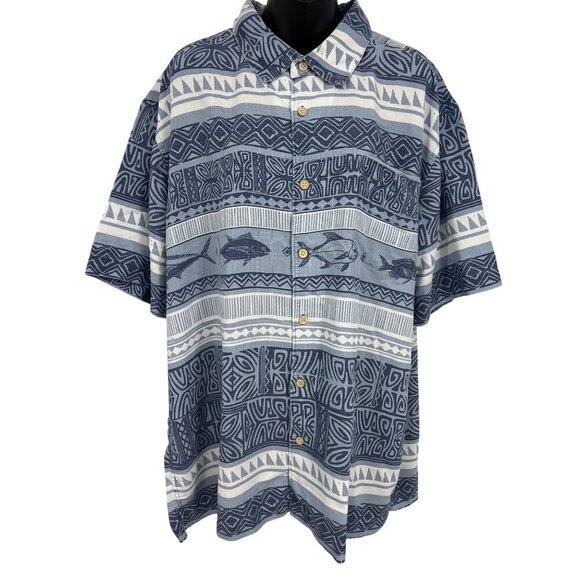 Quiksilver Waterman XXL Button-Up Shirt Blue Fish Short Sleeve Aloha Hawaiian - Picture 1 of 6